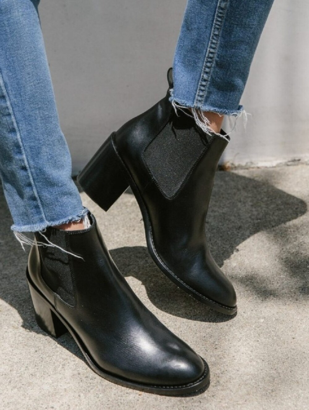 Jenni Kayne Black Leather Chelsea Ankle Boots with Stacked Heel